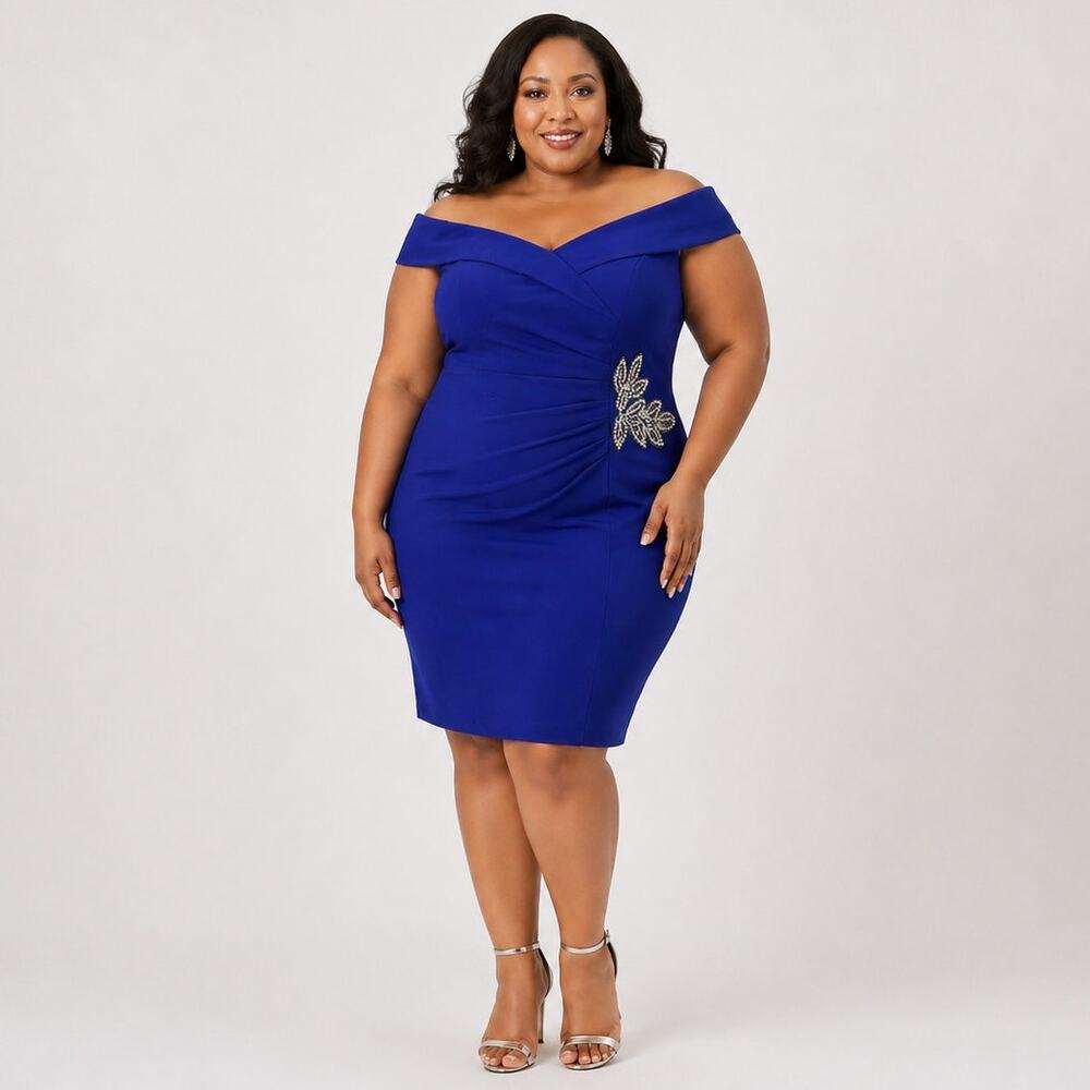 Alex Evenings Royal Blue Off Shoulder Beaded Sheath Dress Plus Size 24W